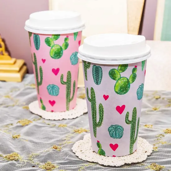 48 Pack Disposable 16oz Coffee Cups with Lids - Cactus Party Supplies - Paper To Go Cup for Themed Birthday Parties, Weddings, Baby Showers Multicolor {2}