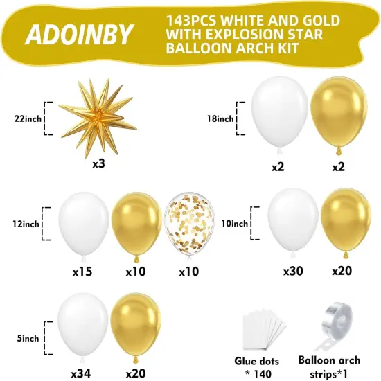 White and Gold Balloon Arch Kit, 146Pcs Explosion Star White Metallic Gold Latex Balloon Garland kit, 22 18 12 10 5 Inch Different Size Balloons for Anniversary Birthday Engagements Party Decorations {2}