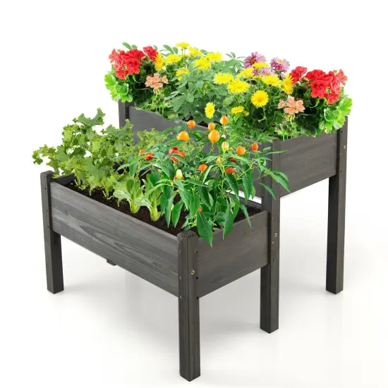 2 Tier Wooden Raised Garden Bed with Multiple Draining Holes Suitable for Yards or Porches Natural {8}