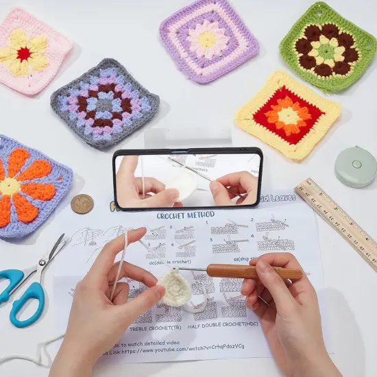 Crochet Daisy Flower Granny Square Crochet kit for Beginners Adult, 6 in 1 Handmade Crochet Coasters kit Complete Knitting Kit with Step-by-Step Video Tutorials Yarns Crochet Hook {5}