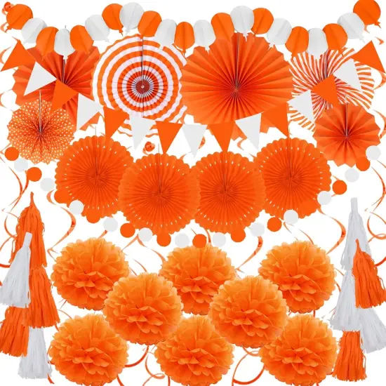 Party Decorations, 41 Pcs Orange Papar Fans Pompoms Garlands, Banner String Tissue Paper Tassel for Halloween New Years Spring Festival Wedding Birthday Party {1}