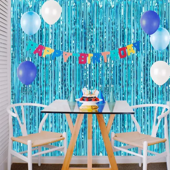 2pcs 3ft x 8ft Light Blue Metallic Tinsel Foil Fringe Curtains Backdrop for Frozen Mermaid Blue Birthday Party Decorations, Baby Shower Bachelorette Bridal Shower Party Decorations {4}