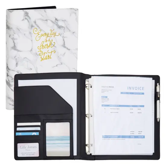 Marble and Gold Foil 3 Ring Binder with Pockets, Portfolio Organizer with Clipboard (10.5 x 12.5 Inches) White {1}