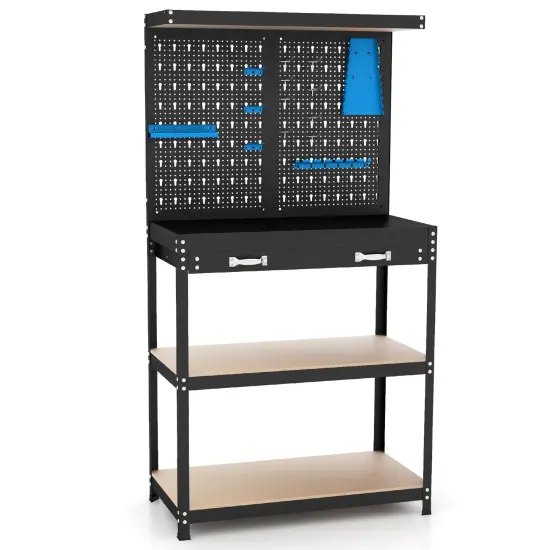 Freestanding Tool Storage Workbench with Pegboard with 14 Hanging Accessories and 2 Drawers Black and Red {8}