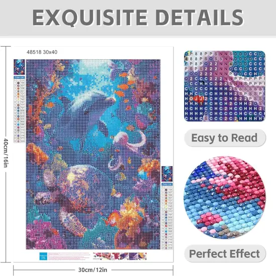 Diamond Art Kits for Adults, 5d DIY Full Drill Underwater Turtle Dolphin Octopus Diamond Painting Kits for Adults Beginner, Diamond Painting Craft Kits for Adults, Wall Home Decor(No Frame) 12x16 in {2}