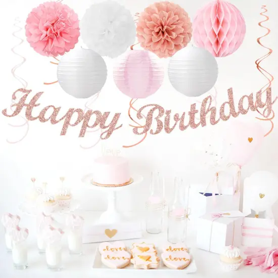 Pink White Rose-Gold Birthday Party-Decorations - 21pcs Happy Banner, Paper Lanterns,Tissue Pom Poms Flower Fan,Honeycomb Ball,Swirl Streamers Garland Supplies Decor Girls Women {4}