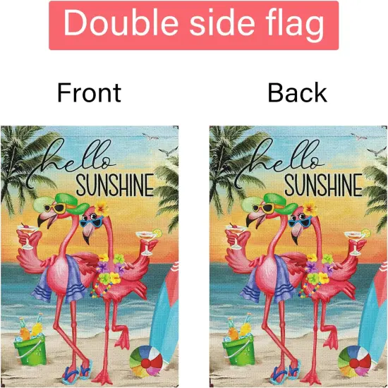 Hello Sunshine Summer Garden Flag Beach Flamingo Couple Welcome 12x18 Inch Double Sided Small Burlap Palm Tree Holiday Yard Outdoor Sign Outside Home House Decoration {5}