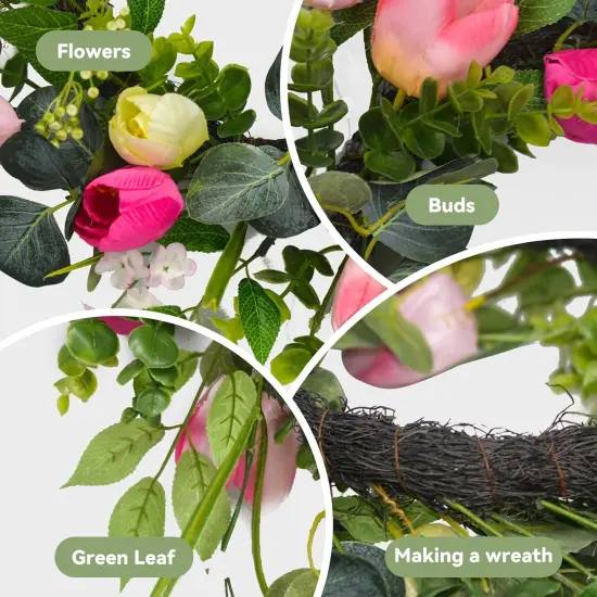 22" Tulip Summer Floral Wreath for Front Door, Summer Floral Wreath with Eucalyptus Leaves, Money Plant, Ferns for Indoor Outdoor Wall Festival Home Farmhouse Wedding Summer Home Decor {4}