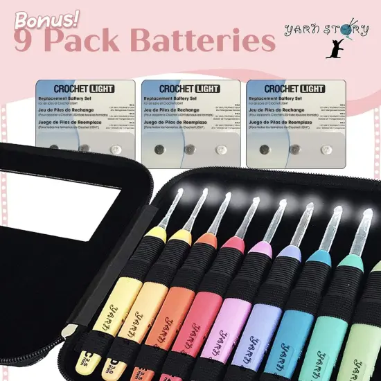 Lighted Crochet Hooks Complete Set 9/pkg - 9 pcs Light up Crochet Hook Set w/ 9 Extra Batteries &ndash; Crochet Lite Hooks {2}