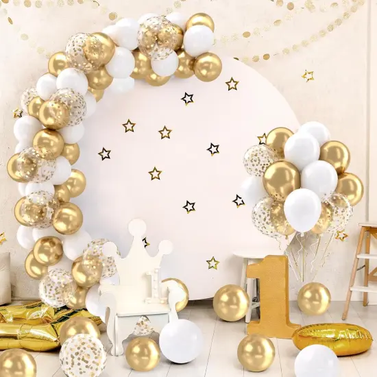 White and Gold Balloons Set, 50 pcs 12 inch Metallic Gold White Gold Confetti Latex Balloons {2}