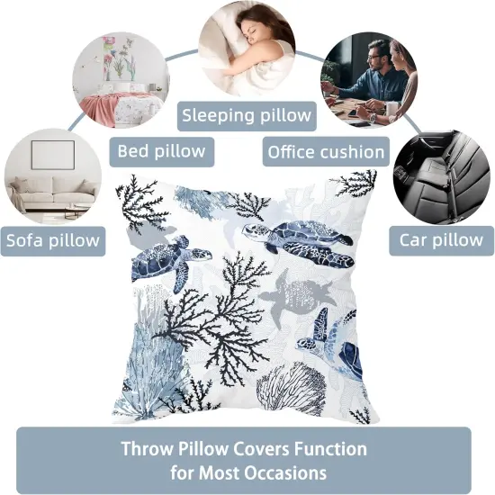 Nautical Coastal Throw Pillow Covers Set of 2 Beach Themed Ocean Coral Sea Turtle Decorative Pillow Cases Outdoor Sofa Cushion Cover for Bedroom Living Room, 18x18, Blue {3}