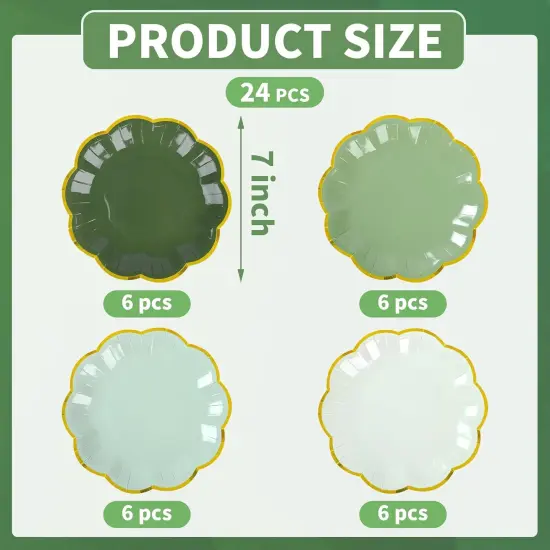 Summer Sage Green Party Plates Gradient Green Dessert Paper Plates 7inch Gold Foil Scalloped Edge Disposable Cake Plates (24, Sage Green) {2}