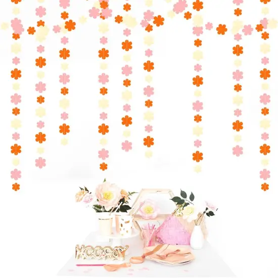 Orange-Pink Fall Party-Decorations Streamers-Garland - 52ft Boho Flower Hanging Paper Banner, Groovy Birthday Baby Bridal Shower Bachelorette Wedding Engagement Decor {3}