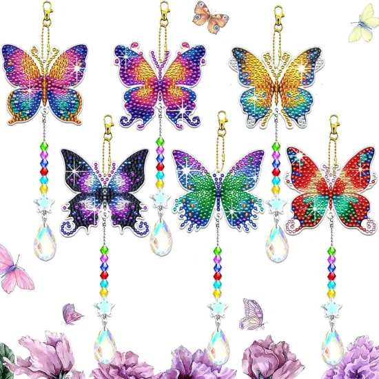 6 Pcs Butterfly Diamond Art Kits for Adults Beginner DIY Diamond Art Suncatchers Wind Chimes Small Diamond Painting Kits Arts and Crafts for Adults Gem Paint by Numbers Hanging Ornament {1}