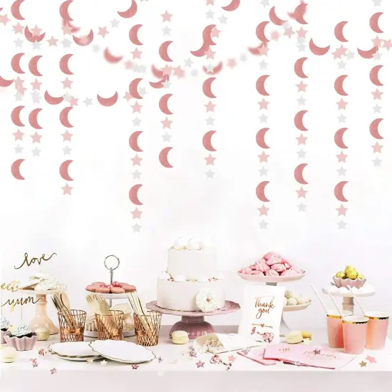 Pink Rose-Gold Moon-Star Party-Decorations Garland - 52Ft Twinkle Little Star Hanging Decoration Streamers Banner, Eid Ramadan Mubarak Decoration Birthday Wedding Baby Shower Party Decor {4}