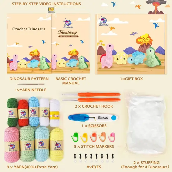 Crochet Kit for Beginners, Beginner Crochet Kit for Adults with Step-by-Step Video Tutorials, DIY Crochet Animal Kits Kids Knitting Supplies, 4 Pack Dinosaurs (40%+ Yarn) {3}