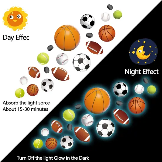 Glow in The Dark Basketball Football Sports Wall Decals，Glowing Luminous Boys Room Wall Stickers Removable self-Adhesive Baseball Decals for Kids Baby Boys Nursery Game Playroom Decoration {3}