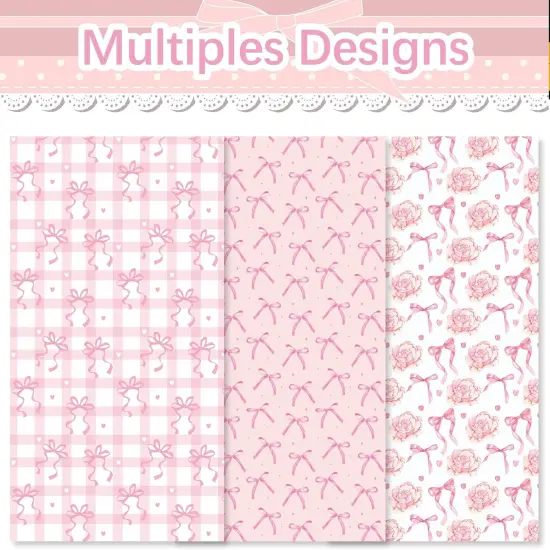 12 Sheets Pink Bow Wrapping Paper, Pink Floral Plaid Heart Bow Gift Wrap Paper I Love You Folded Flat Craft Paper for Valentine Wedding Baby Shower Supplies, 19.7 x 27.6 Inch {2}