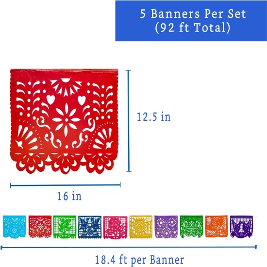 Mexican Party Banners (5 Pack with 10 Plastic Flags per Banner) - Papel Picado Mexicano Para Fiesta - Plastic Papel Picado - Fiesta Themed Party Decorations - Mexican Decor {3}