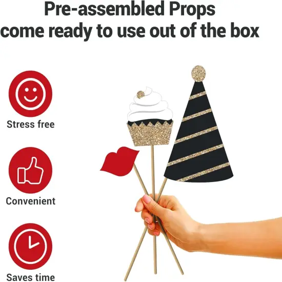 Fully Assembled Birthday Photo Booth Props. 30 Piece Box Set of Black & Gold Selfie Party Supplies and Decorations Kit with Real Glitter - Cute Bday Designs for Women - Did We Mention No DIY {2}