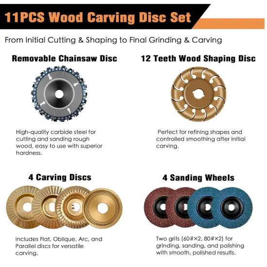 11PCS Wood Carving Disc Set for 4" or 4 1/2" Angle Grinder, Stump Tool Grinding Wheel Disc with 5/8" Adapter Ring, Woodworking Grinder Attachment for Cutting Shaping Carving Sanding Polishing {2}
