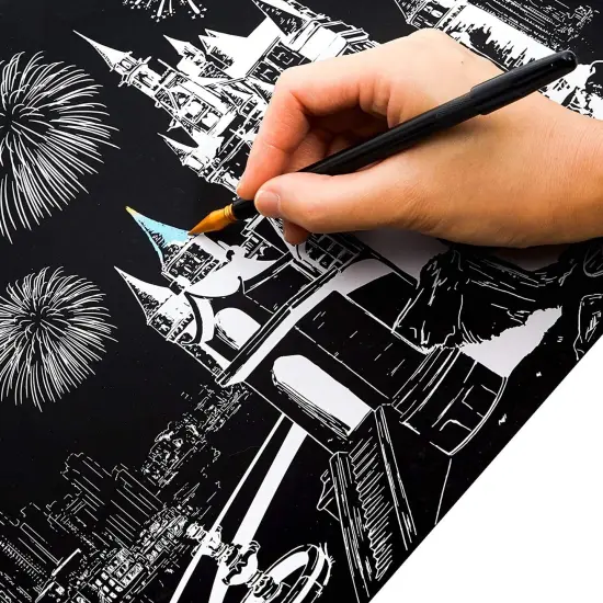 Rainbow Scratch Paper Kit, Whimsical Castle CityScape, Sketch DIY Art Craft, 2 Pcs Castle Designs, 2 Blank Sheets, 4 Tools (16.3 x 11 In) Black {7}