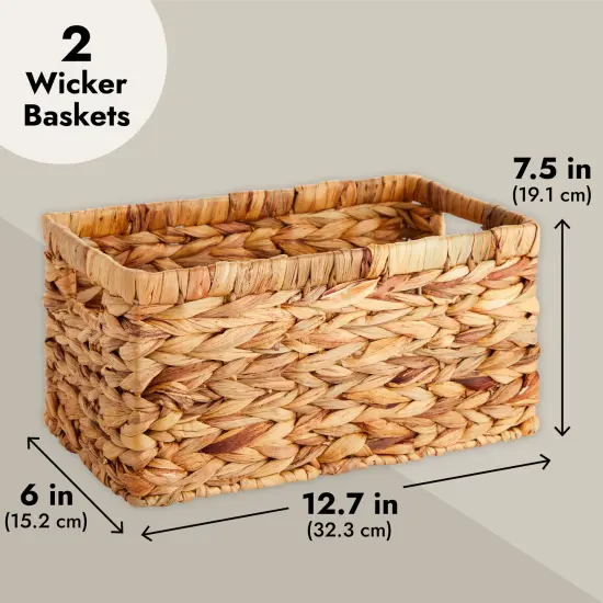 2 Pack Small Rectangular Wicker Baskets for Shelves, 6 Inch Wide Hand Woven Water Hyacinth Baskets for Shelf Organizing, Storage Brown {4}