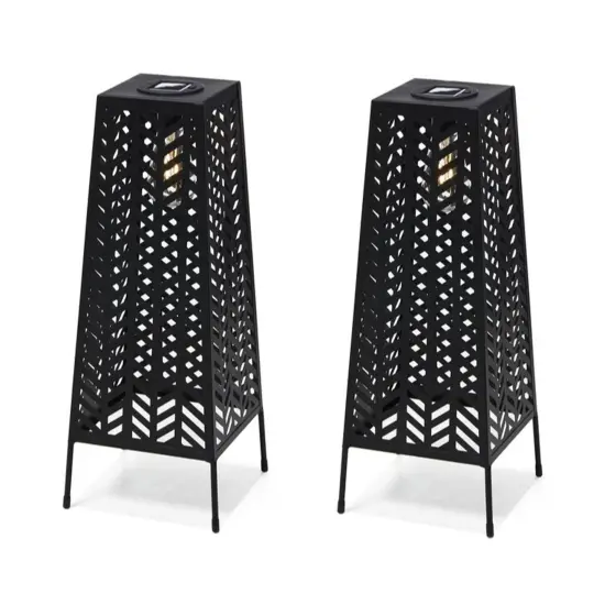 Set of 2 21.5"H Metal Geometric Solar Powered Floor Lantern with Edison Bulb {1}