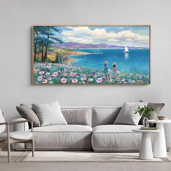 Landscape Wall Art - Blue Ocean Pink Flower Sailboat Mountain Tree Wall Decor Orange Frame Artwork for Wall Large Picture for Living Room Bedroom Home Office Wall Decoration Size 20x40 {3}