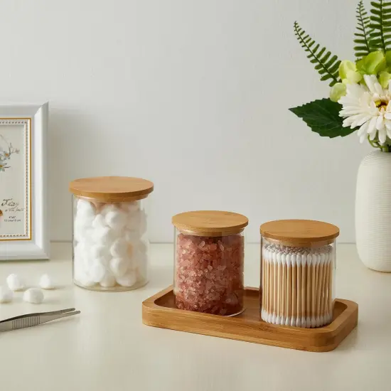 6 Pack Glass Qtip Holder, Apothecary Jars with Lids Bamboo, Bathroom Organizers and Storage for Cotton Ball Round Swab Pad Floss Picks, Bathroom Decor for Vanity Accessories {3}