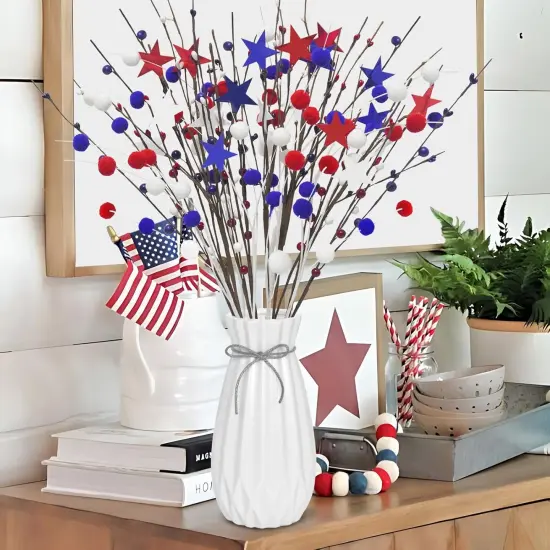 18 Pack Patriotic Artificial Berry Stems 23.6" 4th of July Floral Picks Red White Blue Stars Pip Berry Spray with Felt Balls for Home Office Vase Table Centerpiece 4th of July Decor {5}