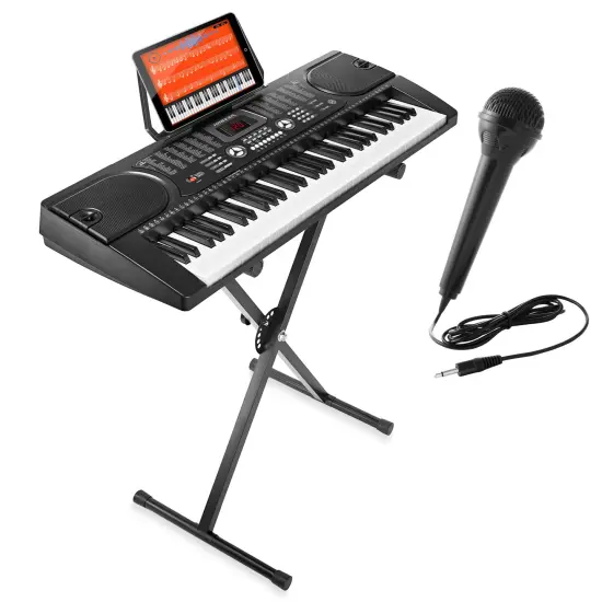 Hamzer 61-Key Electronic Piano Electric Organ Music Keyboard with Stand, Microphone, & Sticker Sheet - Black {1}
