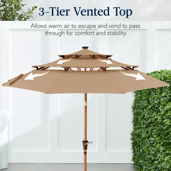 Best Choice Products Woodgrain Pattern 10ft 3-Tier Solar Patio Umbrella w/ 24 LED Lights, Tilt Tan {4}