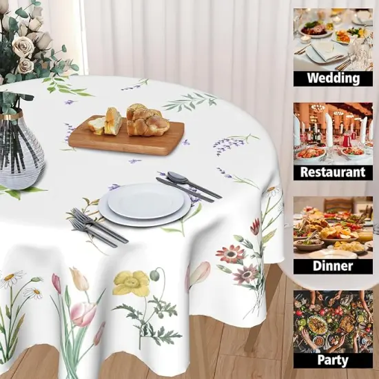 Watercolor Wild Floral Leaf Tablecloth Round 60 Inch,Spring Summer Colorful Flowers Polyester Circle Table Cloth Wrinkle Stain Resistant Washable Table Cover for Kitchen Dining Room Party Picnic {4}
