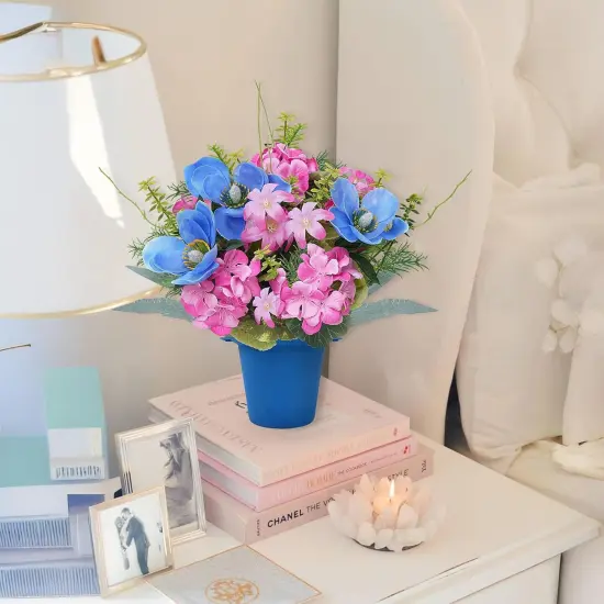 2 Pcs Fake Potted Flowers Spring Centerpieces for Tables 13.78" Easter Centerpiece Silk Flower with Iron Pots Small Plants Orchid Hydrangea for Indoor Table Top Dining Table Office Decor Pink Blue {4}