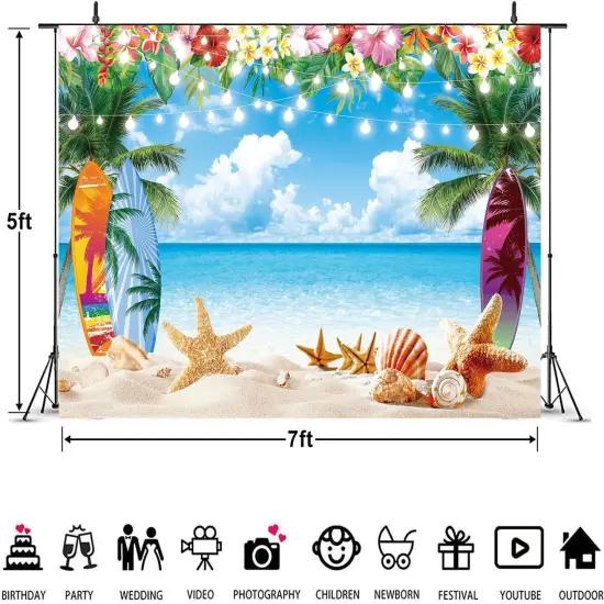 Summer Hawaiian Beach Backdrop Tropical Palm Flower Surfboard Starfish Glitter Beach Photography Background {4}