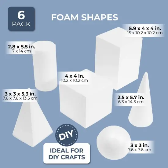 6-Pack Assorted Foam Geometric Shapes, Sizes Ranging From 2.5 to 5.9 in for Arts and Crafts Projects, DIY, Modeling, Home Decor, School Projects, Solid Polystyrene White {6}