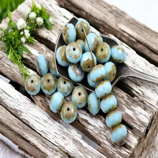 *25* 6x8mm Opaque Robins Egg Picasso Fire Polished Rondelle Beads {3}