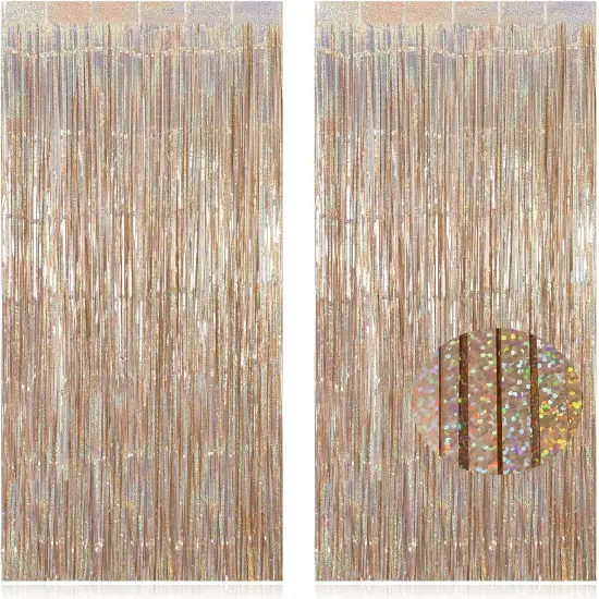 2 Pack Fringe Curtains Backdrops, Foil Fringe Curtains, Door Streamers for Birthday Wedding Bridal Shower Holiday Graduation Party Decorations, Photo Booth Backdrops, Glitter Champagne {1}