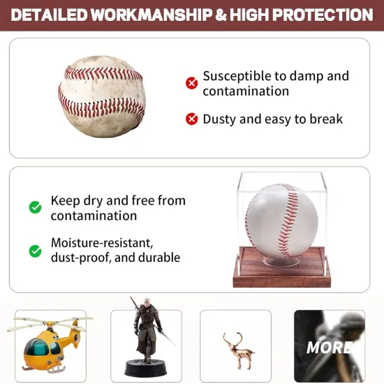 Baseball Display Case, No Assembly Required Clear Cube Tennis Ball Holder with Solid Wooden Base, Autograph Baseball Stand Box for Single Ball (1 Pack) {4}