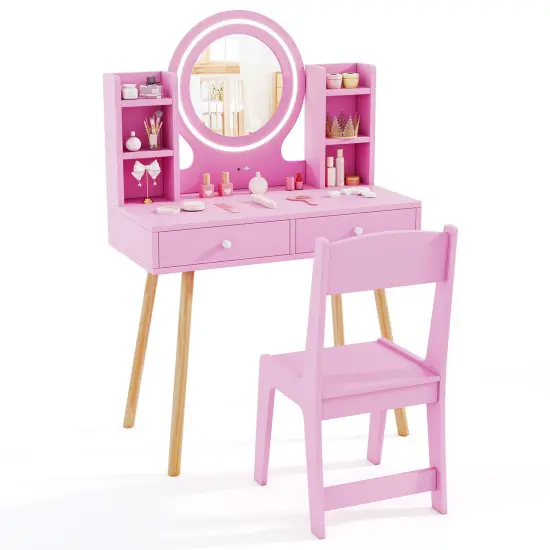 MDF and Pine Wood Kids Vanity Set with LED Mirror, Storage and Chair White {8}
