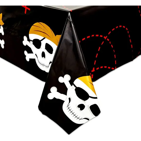 Skull Plastic Tablecloths for Pirate Birthday Party (54 x 108 In, 3 Pack) Black {4}