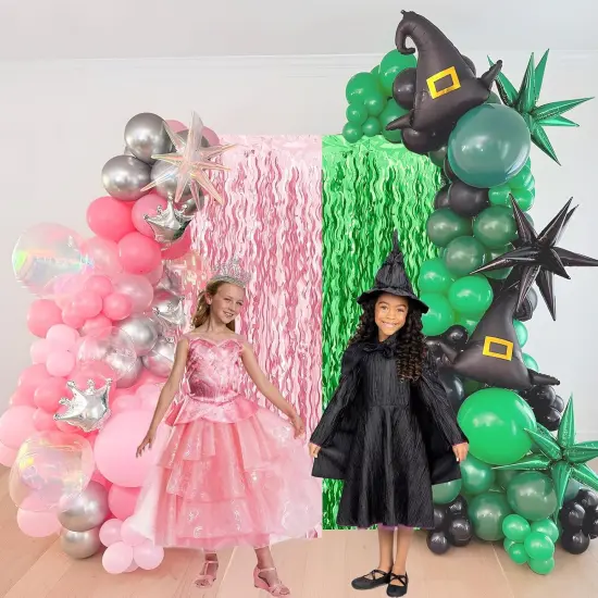 Pink and Green Wavy Tinsel Foil Fringe Curtains Photo Booth Backdrop for Green Pink Theme Birthday Party Witch Decorations(2 Pack,3.2 ft x 6.6 ft) {5}