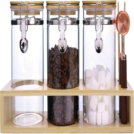 Glass Coffee Storage Containers with Bamboo Shelf,Ground Coffee Holder Jars,Airtight Glass Countertop Storage Jar Canisters with Spoon for Coffee,Loose Tea,40 Fluid-oz,Pack of 3 {1}