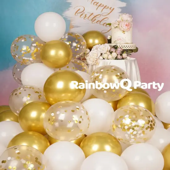 Metallic Shiny Gold and White Balloons 12 Inch 68PCS White Gold Confetti Balloons Latex Helium Balloon Set {4}
