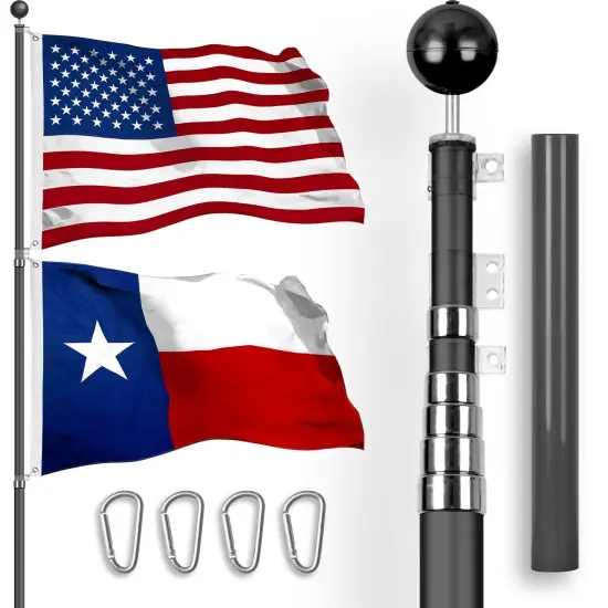 G128 Combo Pack: 25 Ft Telescoping Aluminum Flagpole (Black) & American and Texas Flags 3x5 Ft, Both StormFlyer Series Embroidered 220GSM Spun Polyester | Pole with Flags Included {1}