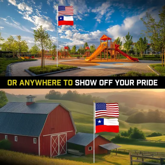G128 Combo Pack: 20 Ft Telescoping Aluminum Flagpole (Silver) & American and Chile Flags 3x5 Ft, Both ToughWeave Series Embroidered Polyester | Pole with Flags Included {6}