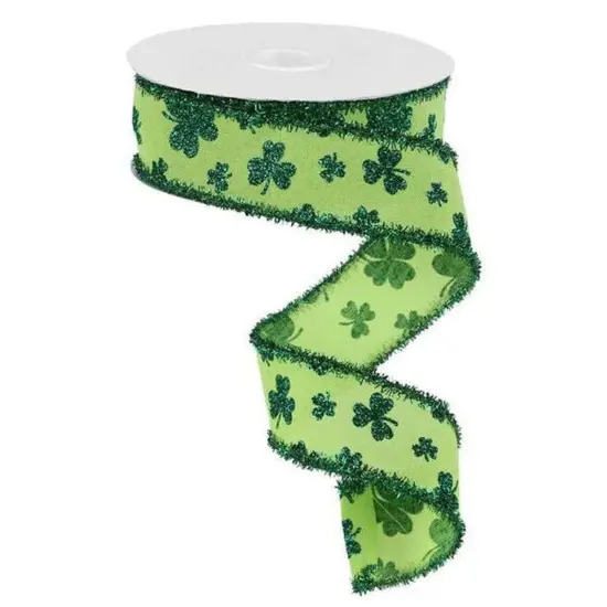 1.5" Glitter Shamrock Tinsel Ribbon: Bright Green (10 Yards) {2}
