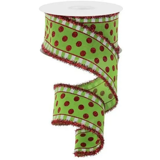 2.5" Dots & Stripes Glitter Tinsel Edge Ribbon: Lime Green, White & Red (10 Yards) {1}