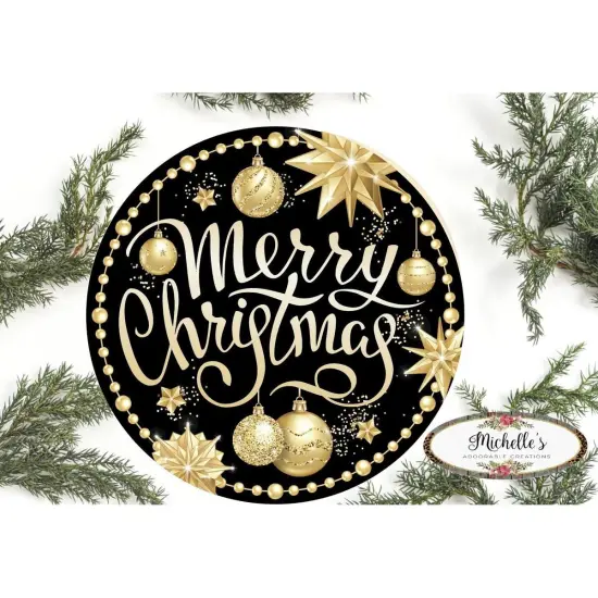 Merry Christmas Black Gold Round Sign {1}